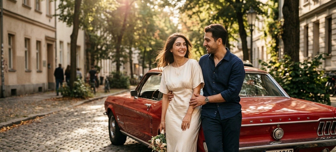 Coppia in posa con Fiat 500 d'epoca al Colosseo, Roma — servizio fotografico con auto d'epoca Vela Arte