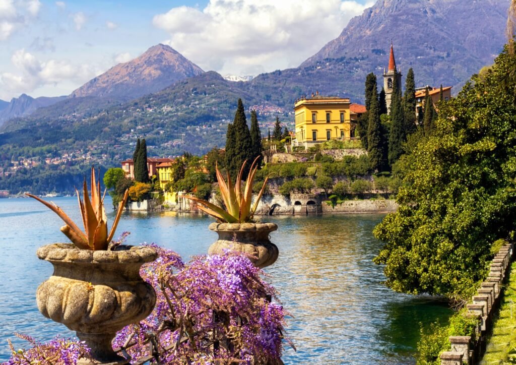 Lake Como Proposal & Photoshoot Guide: Bellagio, Varenna, Villa del Balbianello Villa Monastero gardens with wisteria on the shore of Lake Como at Varenna