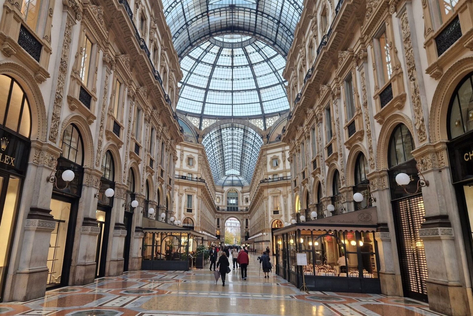 Interior of Galleria Vittorio Emanuele II in Milan with its glass roof and mosaic floor