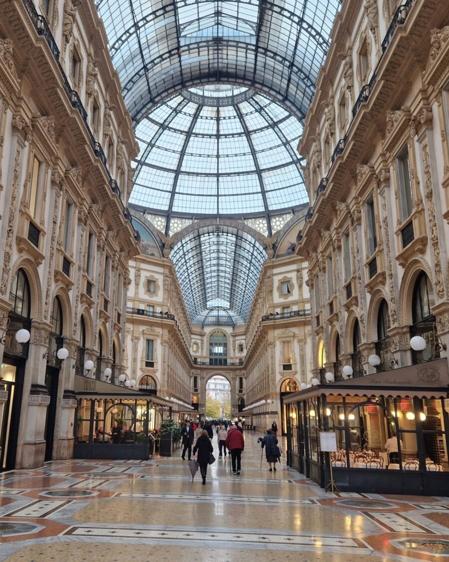 Interior of Galleria Vittorio Emanuele II in Milan with its glass roof and mosaic floor