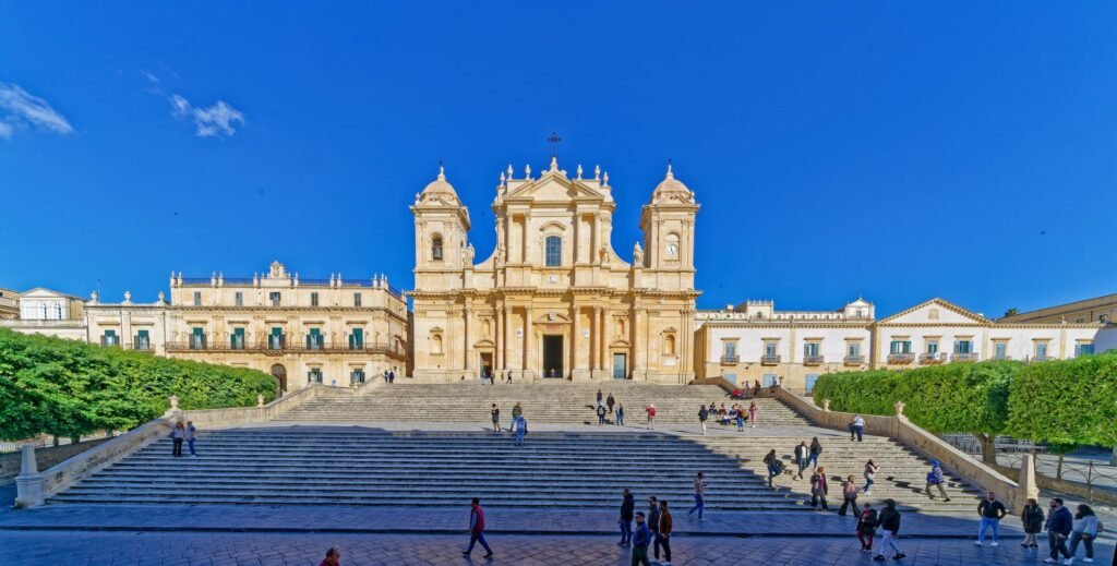 The baroque cathedral of Noto and its wide staircase, Sicily