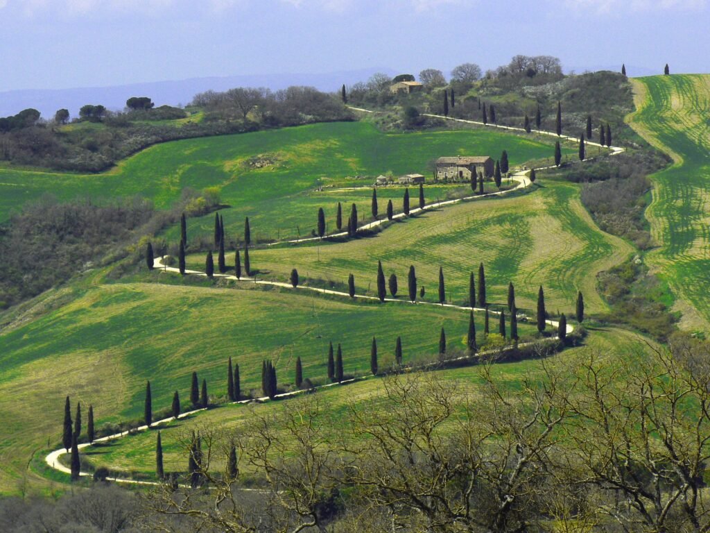 The zigzag cypress-lined road near La Foce in the Val d’Orcia, Tuscany