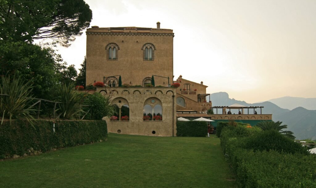 Villa Cimbrone and its gardens in Ravello at sunset