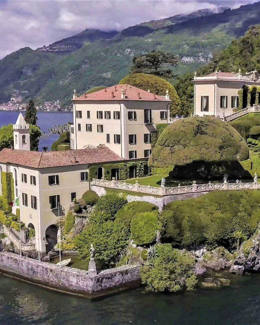 Aerial view of Villa del Balbianello on its promontory on Lake Como, one of the most famous wedding villas in Italy
