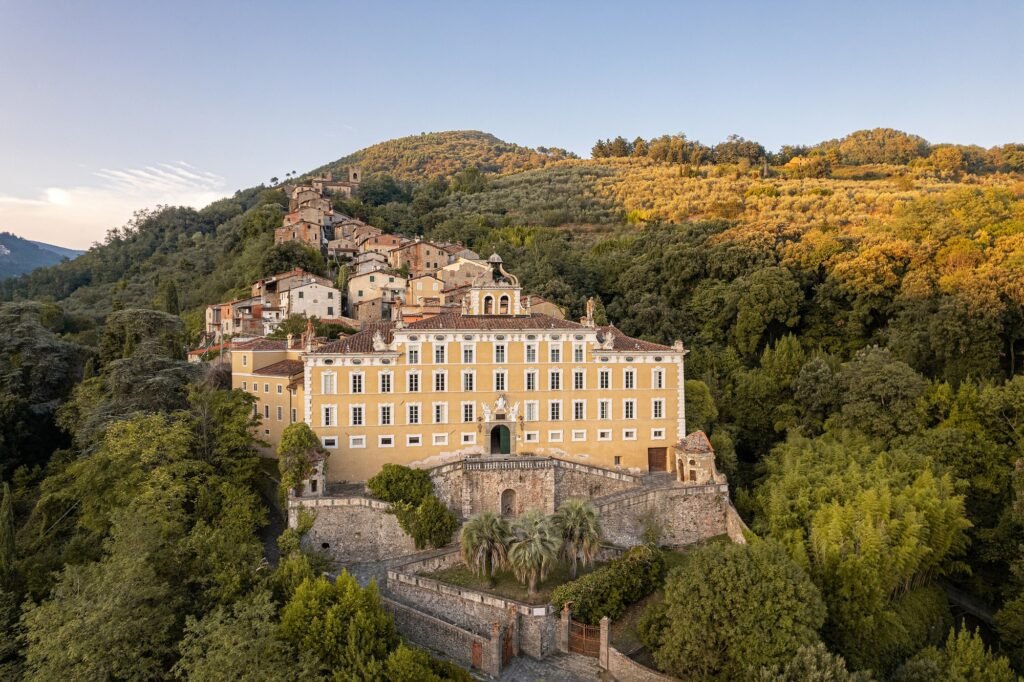 Villa Garzoni and its Baroque terraced garden at Collodi in golden light