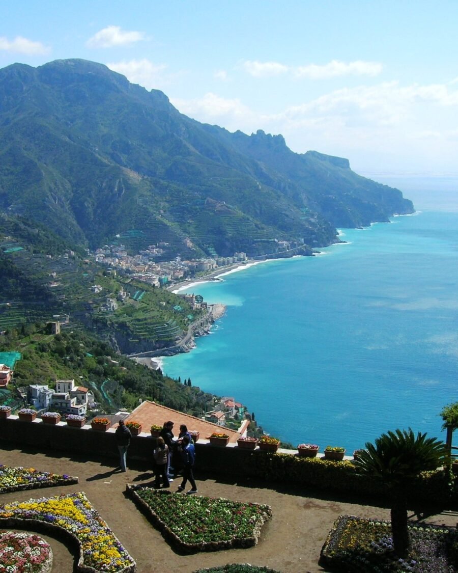 The terrace garden of Villa Rufolo in Ravello above the Gulf of Salerno on the Amalfi Coast
