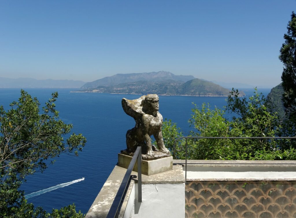 The ancient granite sphinx on the terrace of Villa San Michele in Anacapri, above the Bay of Naples